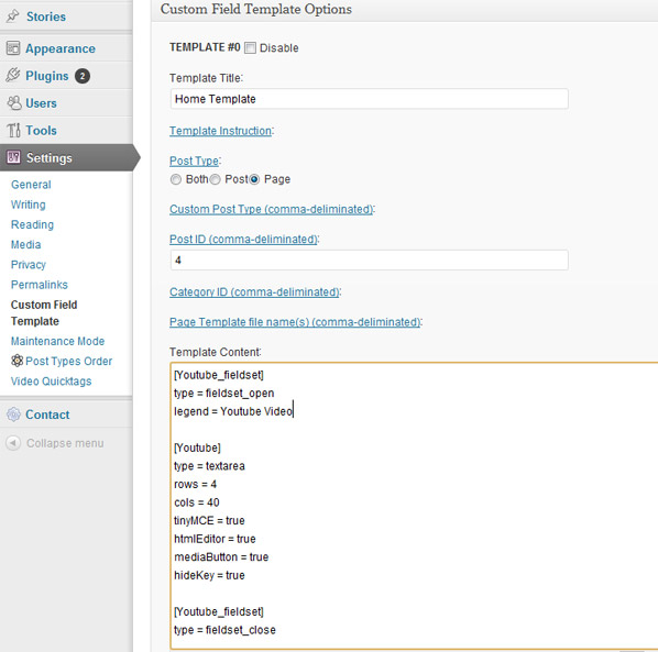 Custom Field Template Settings