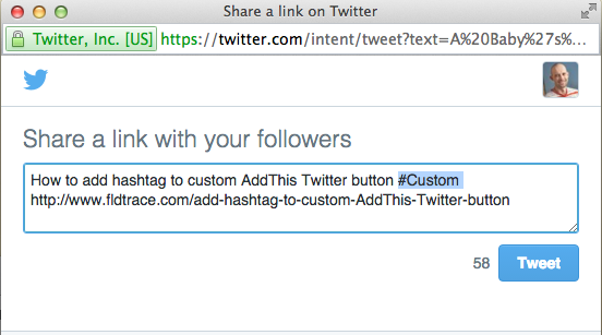 How to add hashtag to custom AddThis Twitter button